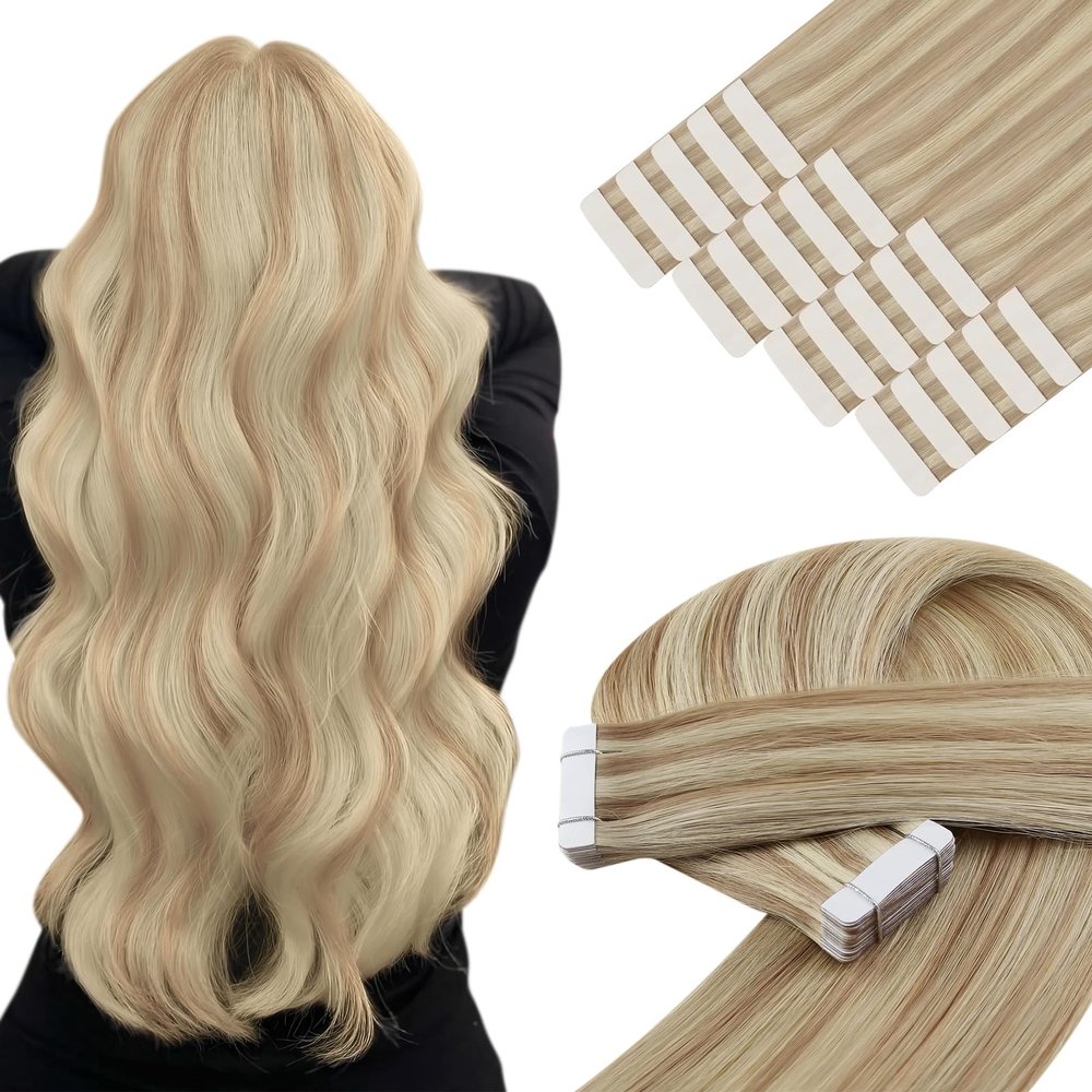 YoungSee Tape-In Human Hair Extensions, Ash Blonde Highlight/Platinum Blonde, 40 cm, 50 g, 18/613