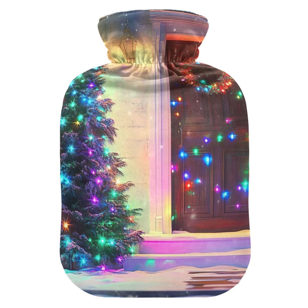 Festive Door Snowman Blue Hot Water Bottle with Soft Cover, Bed Warmer for Menstrual Cramps, 1 L