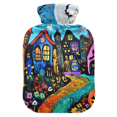 Halloween Town Street Festive Blue Hot Water Bottle with Velvet Cover, Hot Water Bag for Menstrual Cramps, 2 L