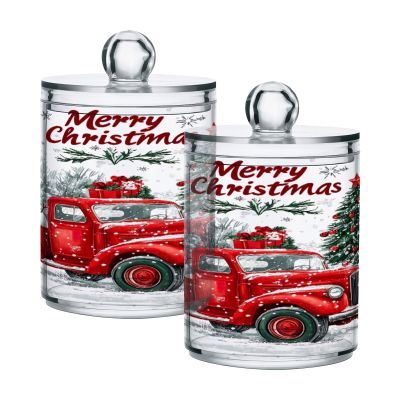 JUMBEAR Q-Tip Apothecary Jars with Christmas Red Truck Design, 4-Pack