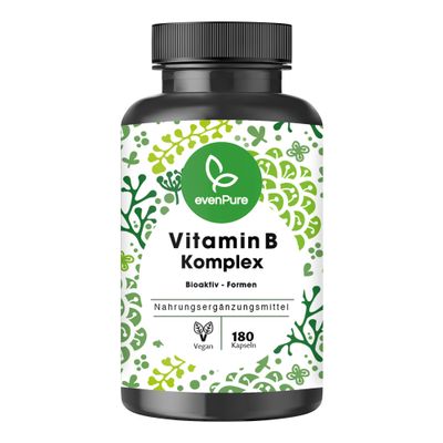 evenPure High-Dose Vitamin B Complex, All 8 B Vitamins, 100 g B12 + Choline & Inositol, 180 Vegan Capsules, Made in Germany