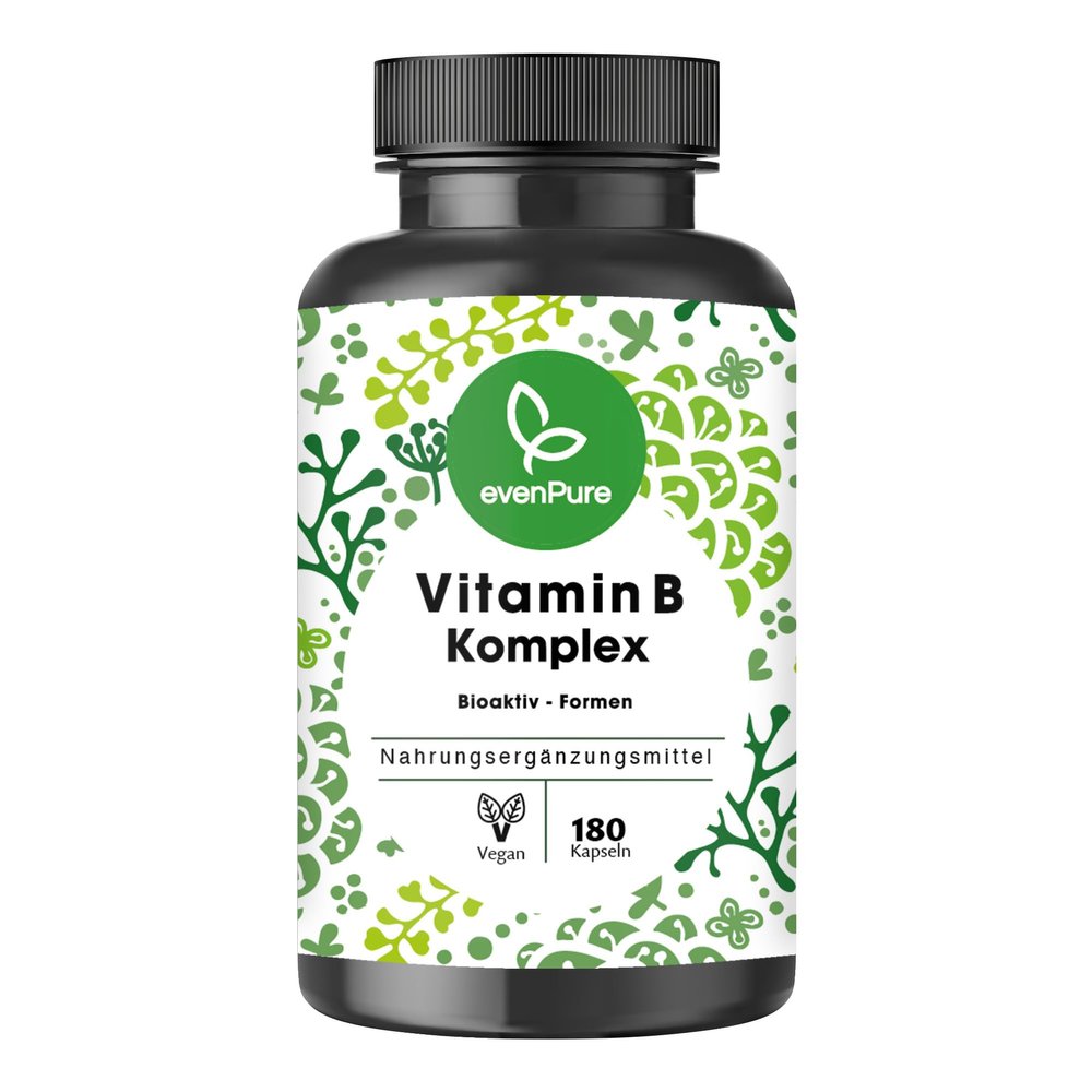 evenPure High-Dose Vitamin B Complex, All 8 B Vitamins, 100 g B12 + Choline & Inositol, 180 Vegan Capsules, Made in Germany
