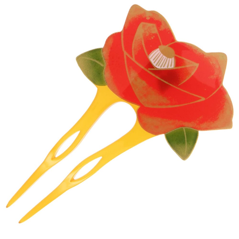 Japanese-Style Acrylic Hair Stick for Buns with Rose Ornament, Black (Yellow)