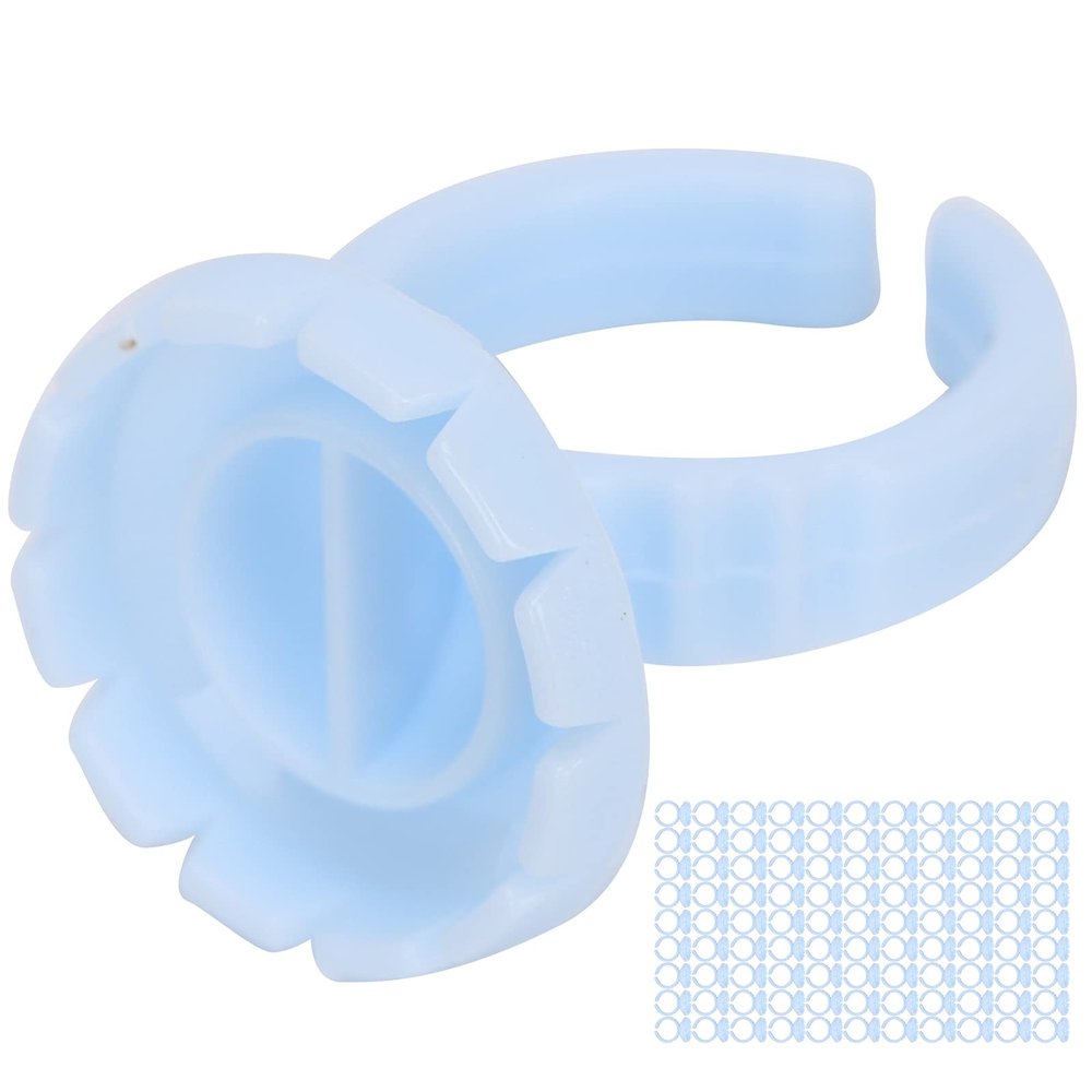 100 Disposable Eyelash Glue Ring Cups with 2 Rolls of Adhesive Dots, Blue
