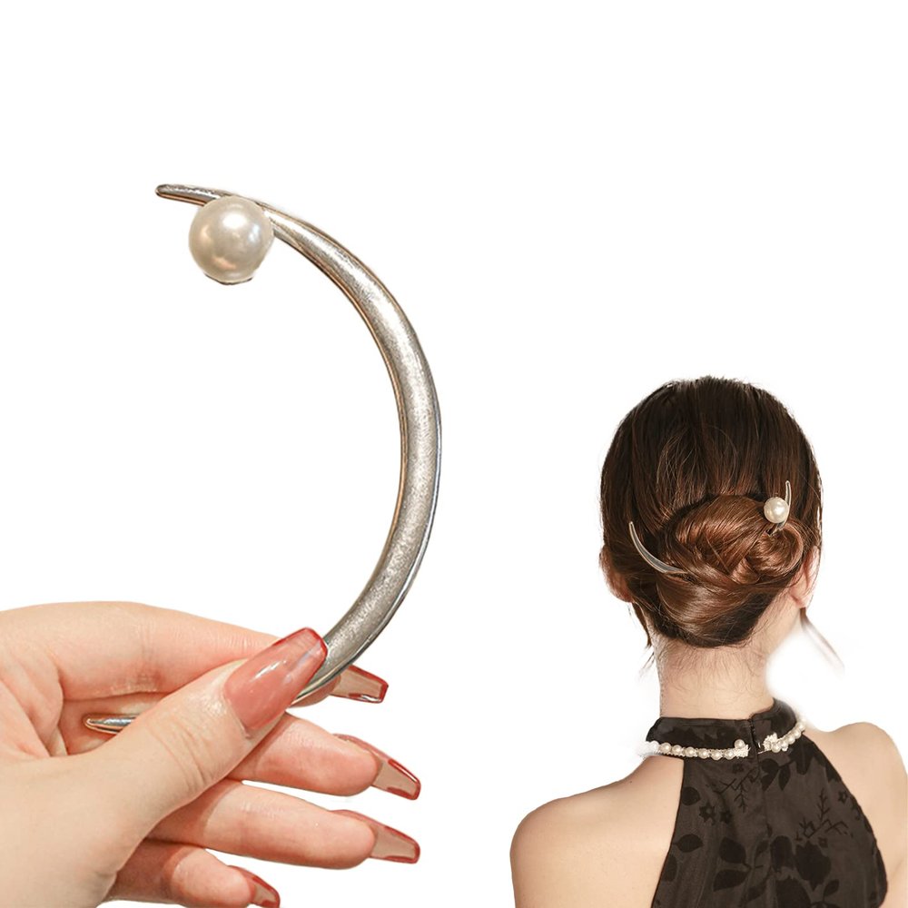Crescent Moon Hair Stick for Buns with White Pearl
