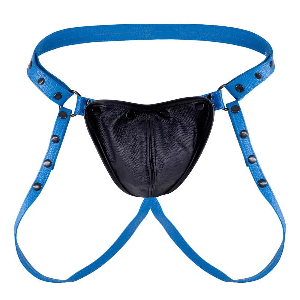 Men's PU Leather Body Harness Jockstrap, Blue, One Size