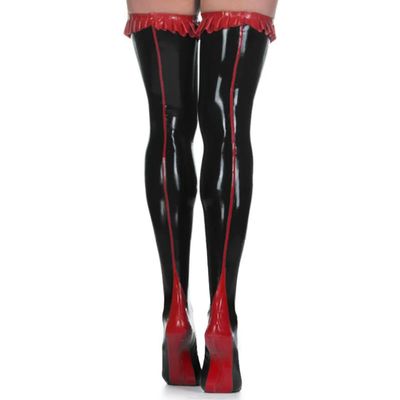 GAYLOP Sexy Long Latex Stockings with Ruffles in French Maid Style, Black with Red, XS