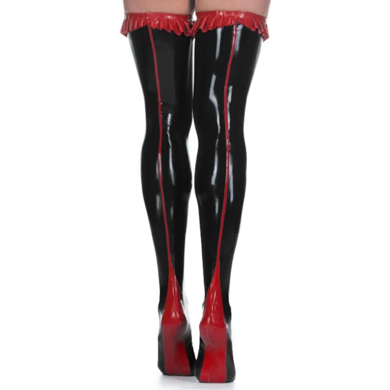 GAYLOP Sexy Long Latex Stockings with Ruffles in French Maid Style, Black with Red, XS
