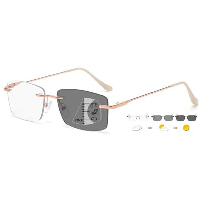 ABETOS Photochromic Progressive Reading Glasses, Rimless, Blue-Light Filter, Gold +1.5