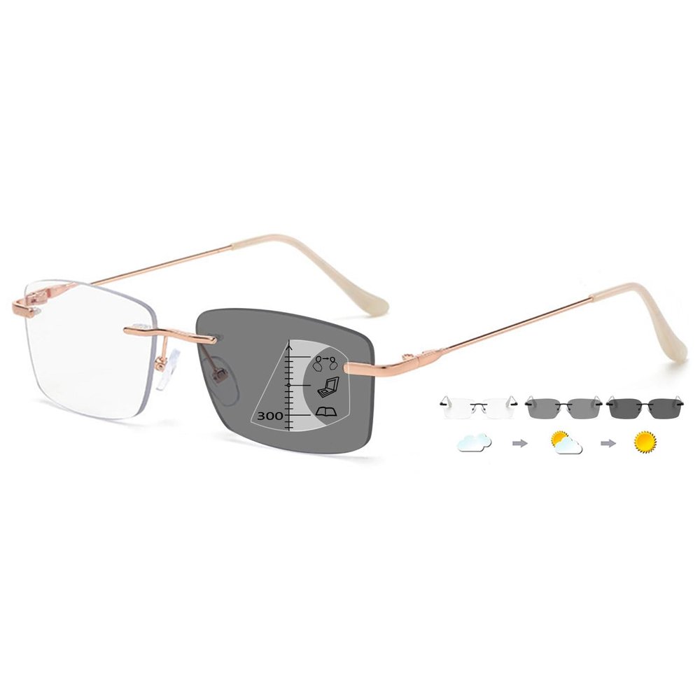 ABETOS Photochromic Progressive Reading Glasses, Rimless, Blue-Light Filter, Gold +1.5