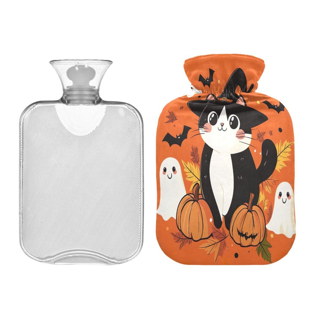 JUMBEAR Halloween Hot Water Bottle with Cute Kitten, Soft Cover, 2 L