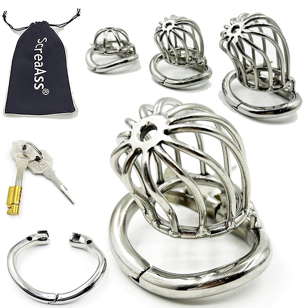 ScreaAss Gen 3 Ventilated Stainless Steel Male Chastity Cage, Silver, M, 41 mm