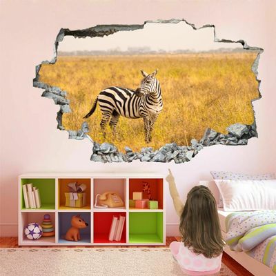 Zebra 3D Wall Decor Stickers for Kids' Rooms, Shattered Wall Art Stickers with Grassland Animals, Vinyl Art for Living Rooms and Kids' Rooms, Home Decor, 76.2 x 50.8 cm (W x H)