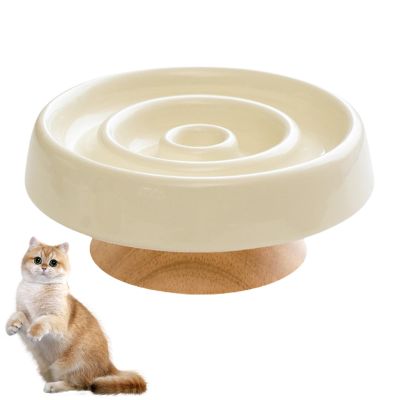 Mafagwre Ceramic Slow Feeder Bowl with Wooden Base for Dogs and Cats, Beige