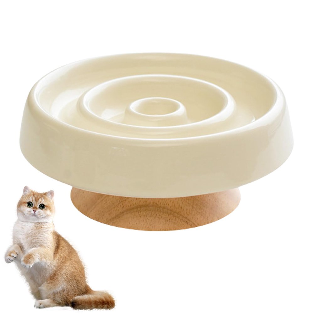 Mafagwre Ceramic Slow Feeder Bowl with Wooden Base for Dogs and Cats, Beige