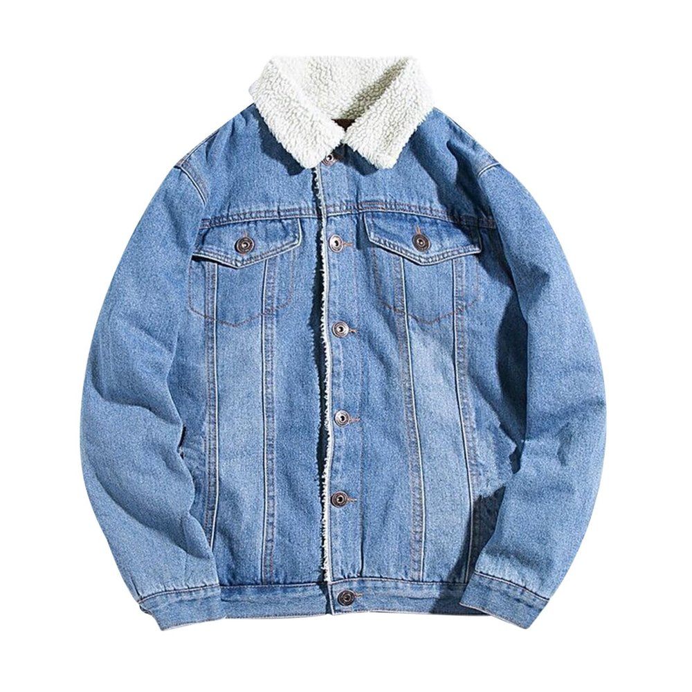Foweknow Men's Winter Denim Jacket with Fleece Lining and Lapel Collar