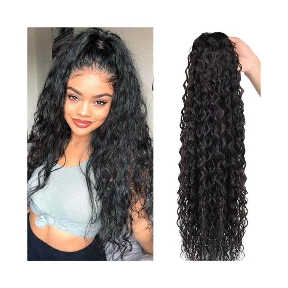 Premium Human Hair Ponytail Extension for Women, Drawstring, 25.466 cm, Deep Wavy, Natural Color
