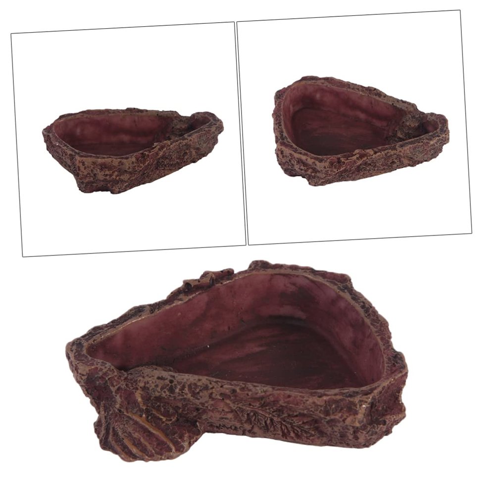 Happyyami Brown Resin Reptile Food Bowl with Tree Bark Look
