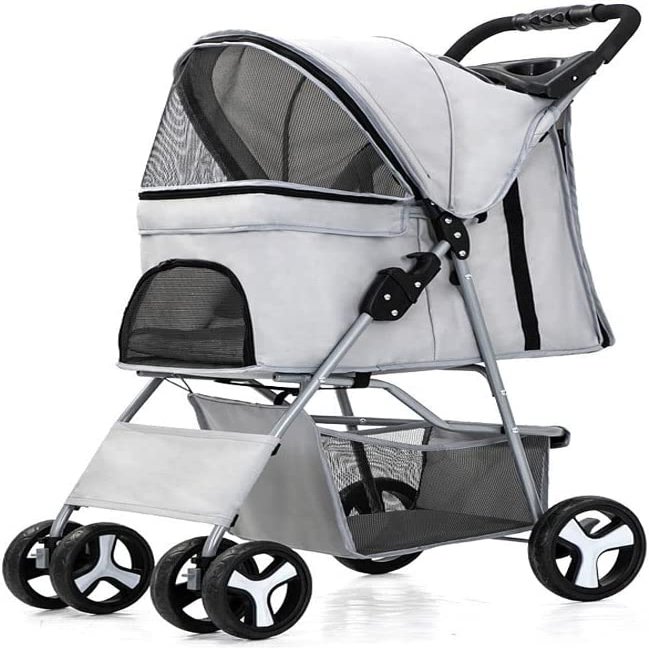 Windmilne Dog Stroller, Pet Buggy, Collapsible Travel Stroller, Waterproof Puppy Stroller with Large Storage Basket (Gray)