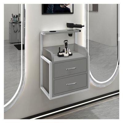 Wall-Mounted Salon Cabinet with Drawers and 2 Shelves, Beauty Spa Organizer with Hair Dryer Holders (Silver-Gray)