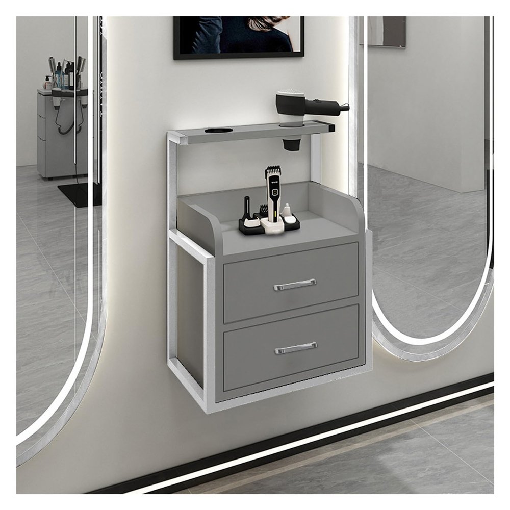 Wall-Mounted Salon Cabinet with Drawers and 2 Shelves, Beauty Spa Organizer with Hair Dryer Holders (Silver-Gray)
