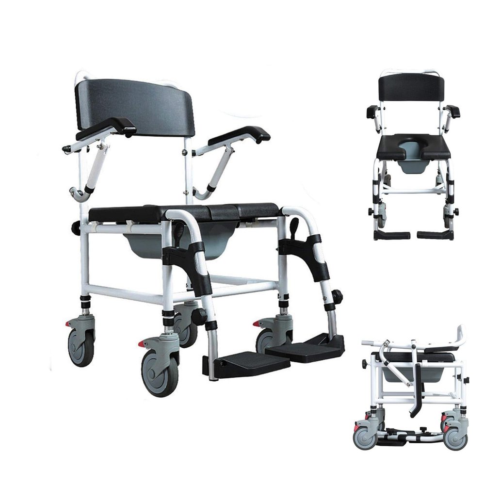 Patient Transfer Chair with Potty and Cushion, Portable Aid for Older Adults, 180° Split Seat, Shower Chair and Bedside Commode Lift