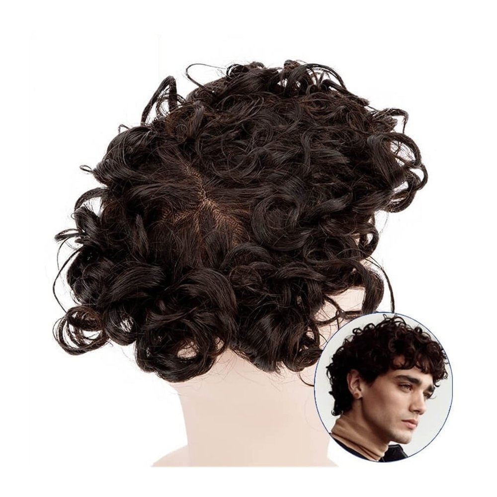 Men's 25 mm Curly Hairpiece, Fine Mono Base, #2 Indian Remy Hair, 7 in