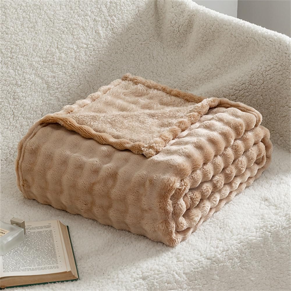 Surwin Soft Flannel Fleece Blanket, Bubble Velvet, Dark Camel, 180 x 200 cm