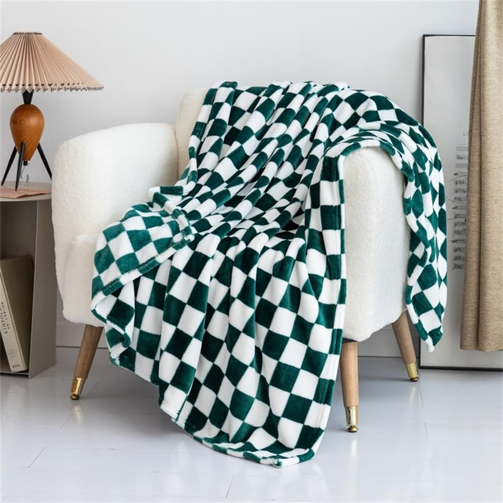 Surwin Soft Flannel Fleece Blanket, Checkered, Dark Green, 200 x 230 cm