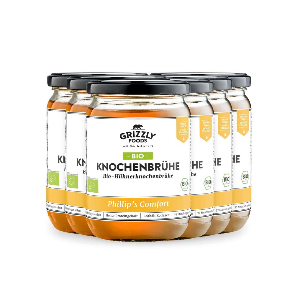 Grizzly Foods Organic Chicken Bone Broth, 6 x 500 ml, 20 g Collagen per Jar