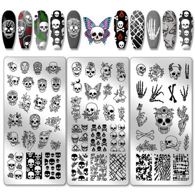 PH PandaHall 3-Piece Halloween Gothic Skull Nail Stamping Plate Set