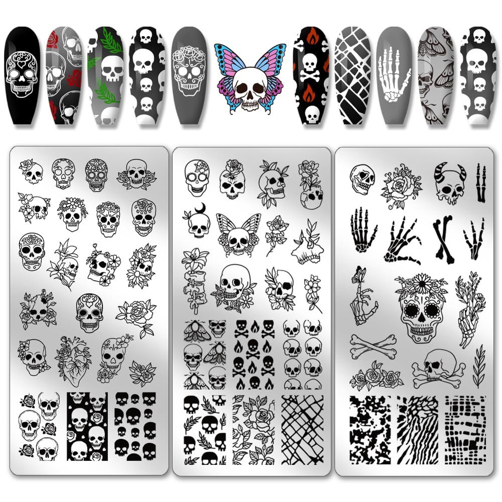 PH PandaHall 3-Piece Halloween Gothic Skull Nail Stamping Plate Set