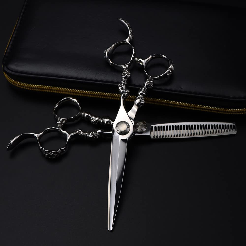 OLSKF... Professional 6-Inch Japanese 440C Hair Cutting/Thinning Scissors with Skull Handle, Set with Bag