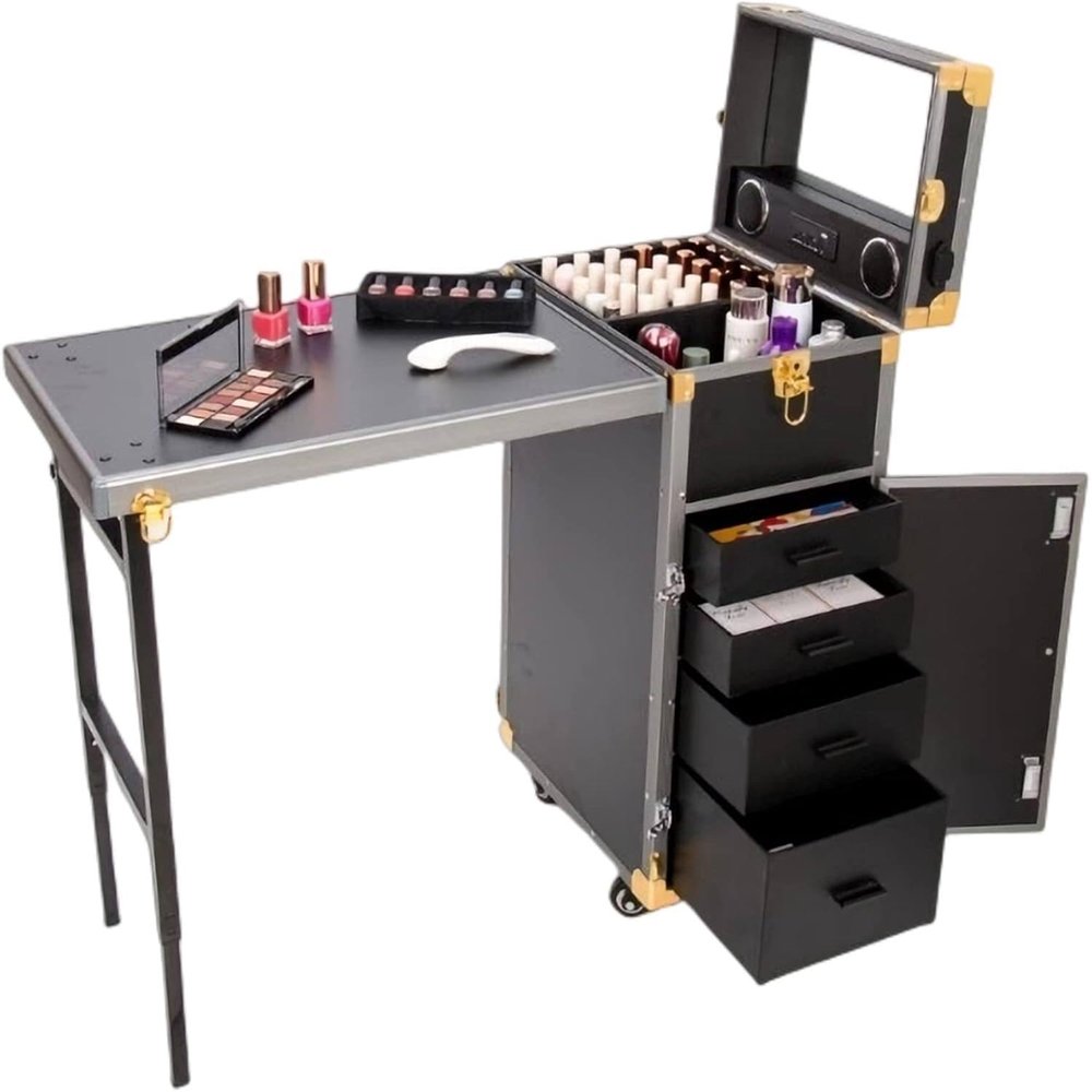YANGYMM Portable Mobile Manicure and Makeup Table, Black/Gold