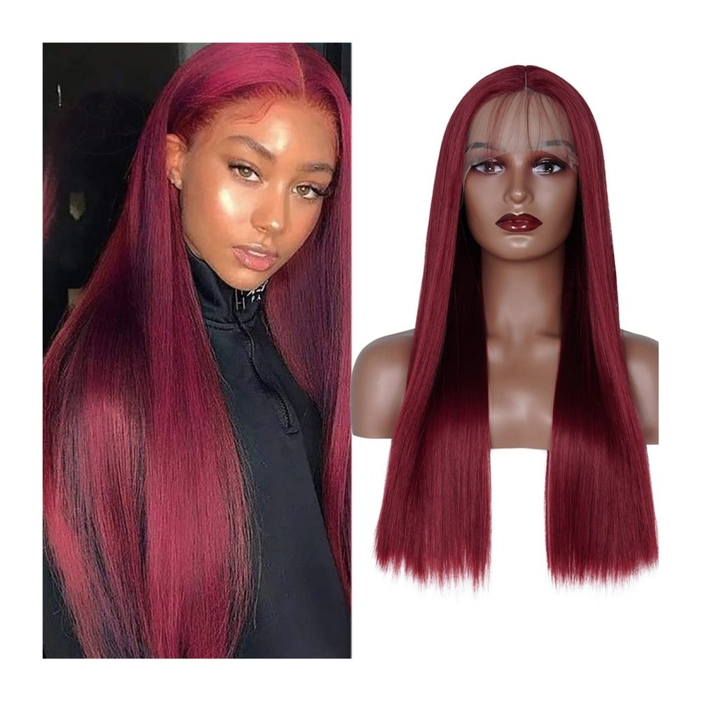 99J Burgundy Wavy Wig with Straight Ends, Glueless T-Part Lace Front