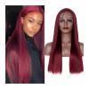 99J Burgundy Wavy Wig with Straight Ends, Glueless T-Part Lace Front view 1