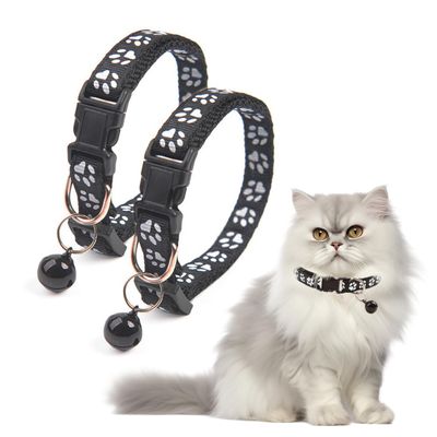 BIRLOZA Reflective Cat Collar with Safety Release and Bell, 2-Pack Adjustable 19-32cm Black