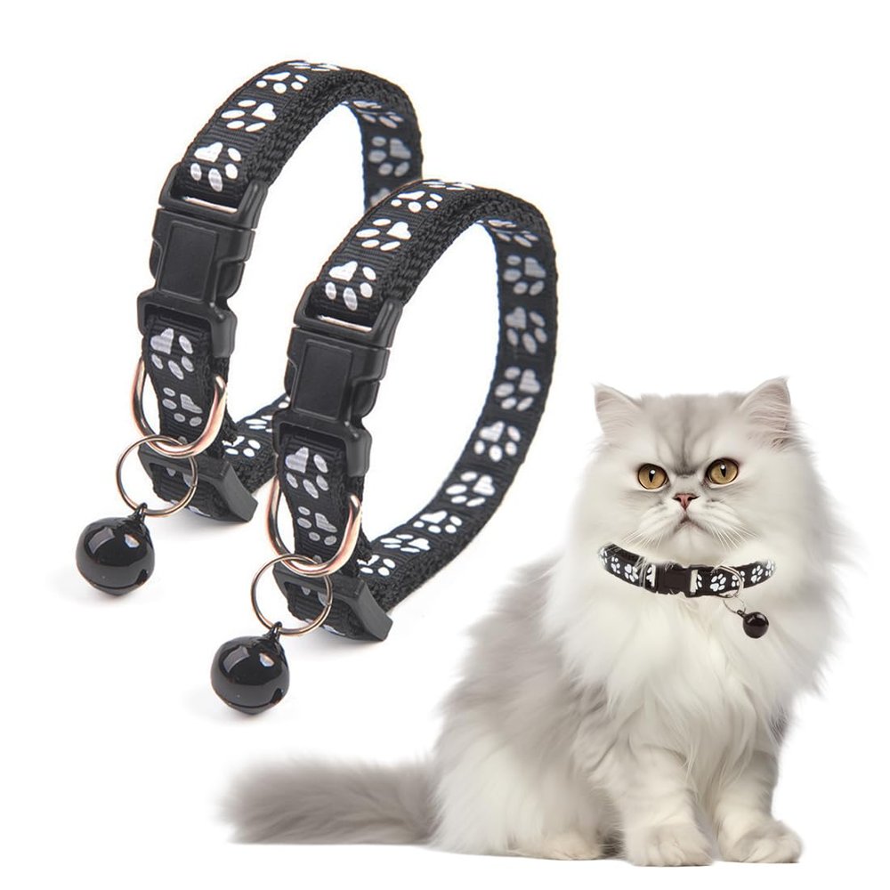 BIRLOZA Reflective Cat Collar with Safety Release and Bell, 2-Pack Adjustable 19-32cm Black