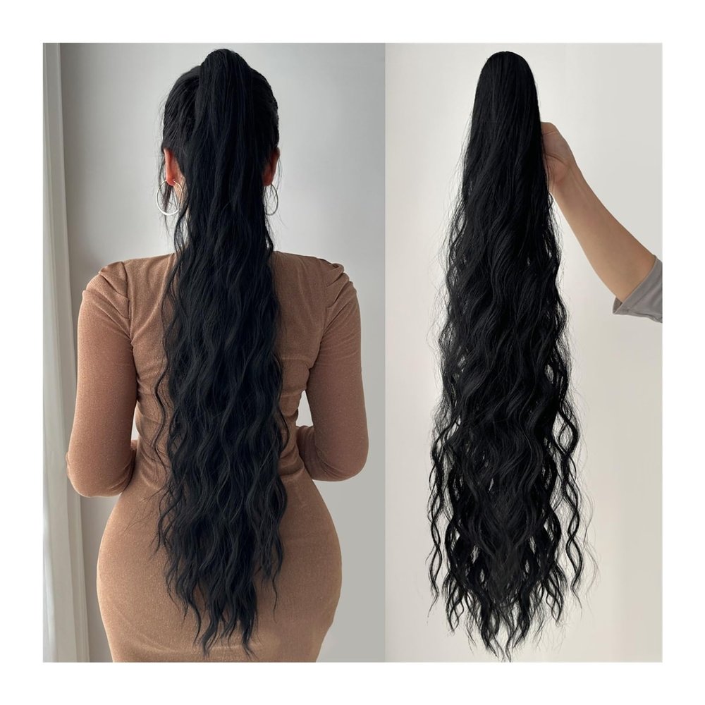 Premium Human Hair Ponytail Extension for Women, Soft, Natural, Multicolor, 81.3 cm, Curly Water-Wave Clip-In, for Half-Up, Half-Down Styles