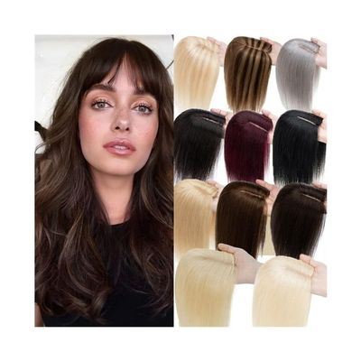 Women's Human Hair Topper with Bangs, 3 Clips, Brazilian Remy Hair, 12 x 13 cm (Gray, 25 cm)