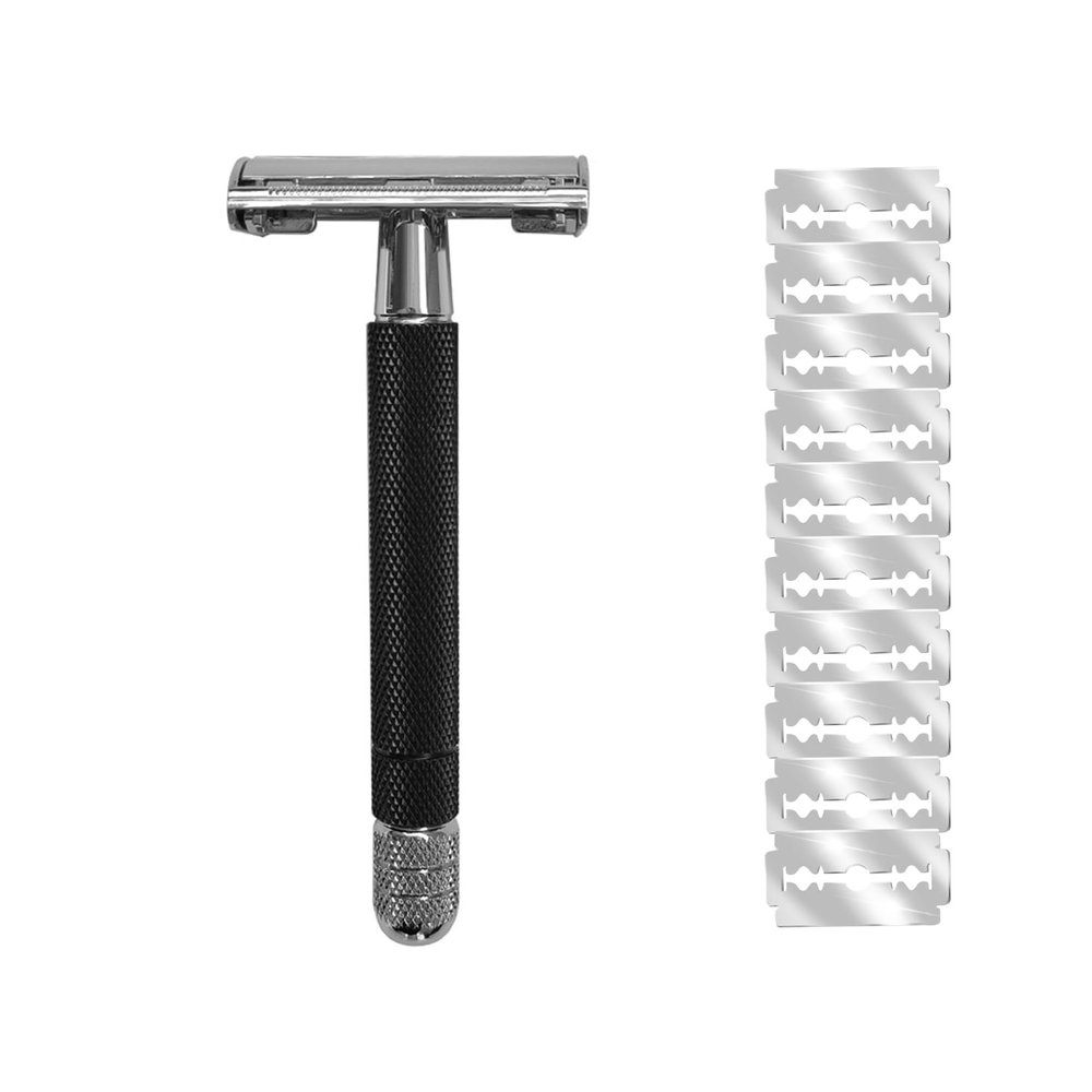Reusable Double-Edge Safety Razor with Long Handle, Butterfly-Open Design, 10 Blades