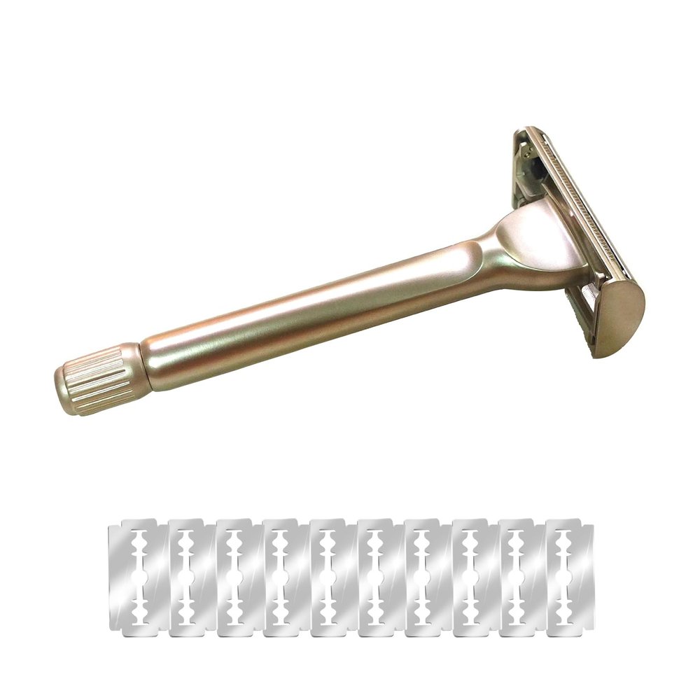 Reusable Double-Edge Butterfly Safety Razor with Long Handle, 10 Blades
