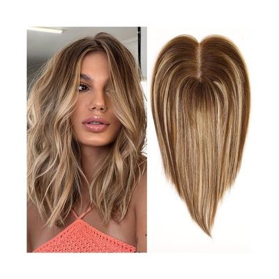 Women’s Straight Remy Human Hair Topper, 10 in, Ombre Brown-Blended Blonde with Dark Roots, 9 x 10 cm Lace Base, 3 Clips