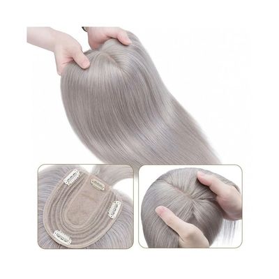 Human Hair Topper for Women with Bangs, Gray, Silky Straight, 10 x 12 cm, 130% Density, 6 in/27 g