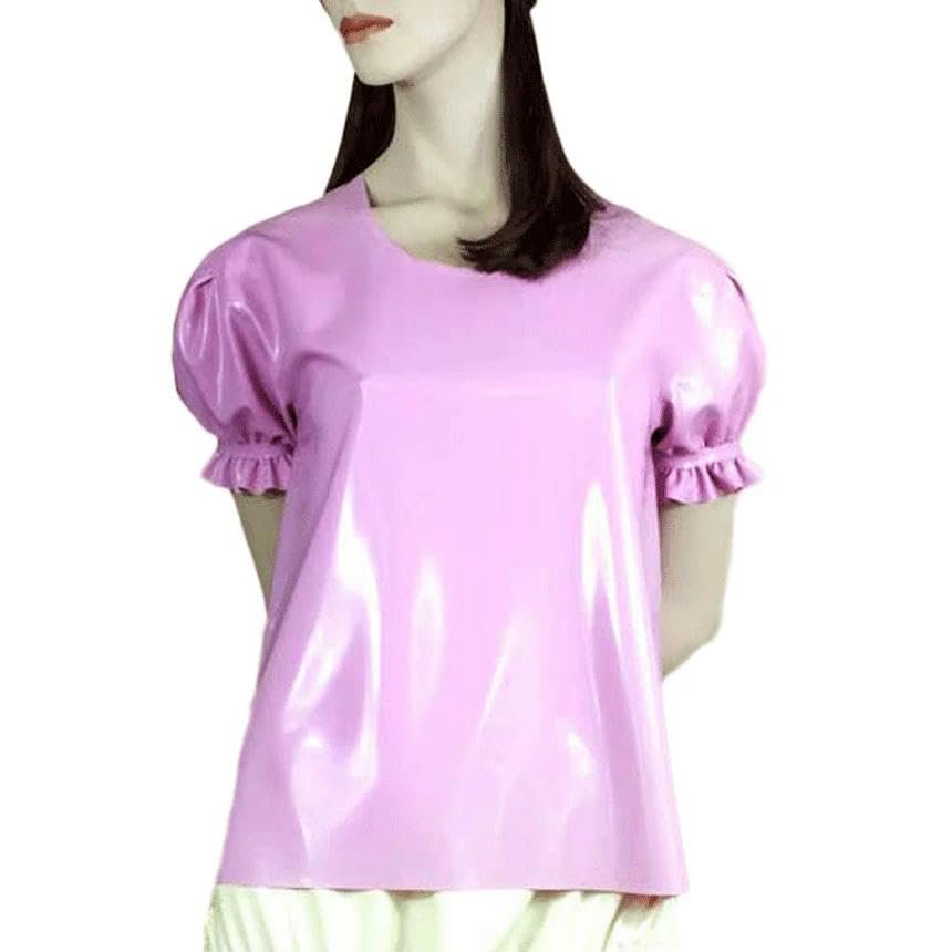 GAYLOP Pink Sexy Latex Pajama Top with Ruffled Cuffs and Puff Sleeves, Red, M