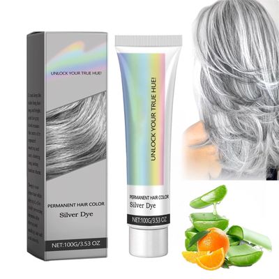 2-in-1 Natural Essence Extract Detroitrain Silver Gray Hair Dye Cream, Permanent Metallic Color, All Hair Types, 1 Piece