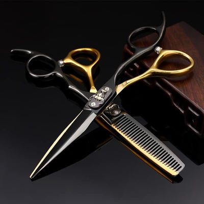 PUFAHAU Professional Hair Cutting Scissors, 6-Inch, Japanese 440C Steel, Black and Gold