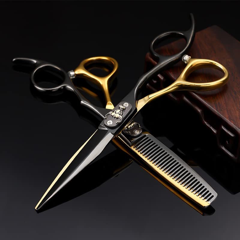 PUFAHAU Professional Hair Cutting Scissors, 6-Inch, Japanese 440C Steel, Black and Gold