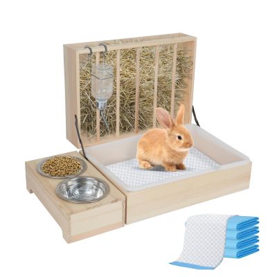 4-in-1 Wooden Rabbit Hay Feeder with Water Bottle, Bowl and Plastic Litter Tray