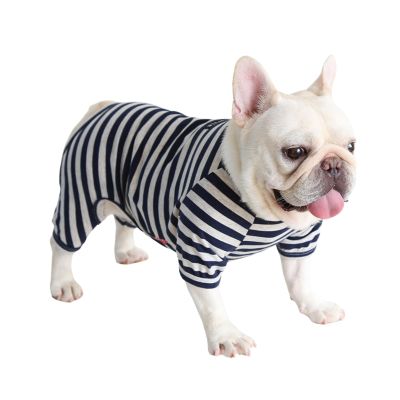 BT Bear Fat Dog Clothes, Classic Striped Soft Cotton Pajamas Jumpsuit for Pugs, French Bulldogs, Puppies, and Small to Medium Dogs, Navy Blue, X-Small